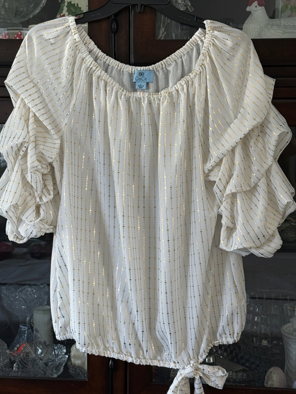 CeCe White Blouse with Gold Stripe Ruffle Sleeves